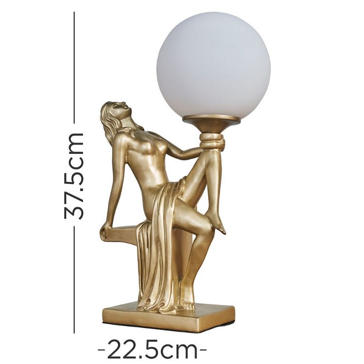 Picture of Art Deco Table Lamp 37.5CM Tall Woman Holding Frosted Glass Globe Light LED Bulb
