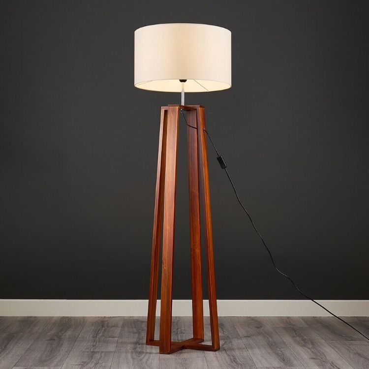 Picture of Dark Wood Floor Lamp Standard Living Room Light Large Lamspshade LED Light Bulb