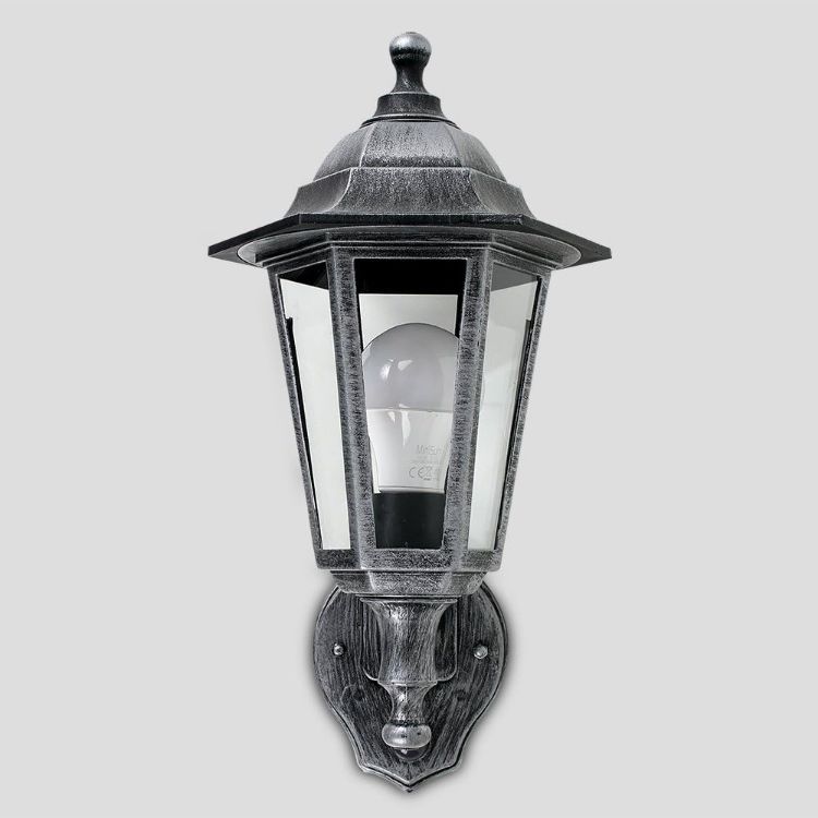 Picture of Traditional Brushed Silver LED Outdoor Wall Lantern PIR Sensor Garden + GLS Bulb