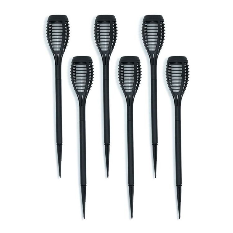 Picture of Set of 6 Flame Stake Lights Black Spikes Solar Powered Garden Outdoor Path Patio