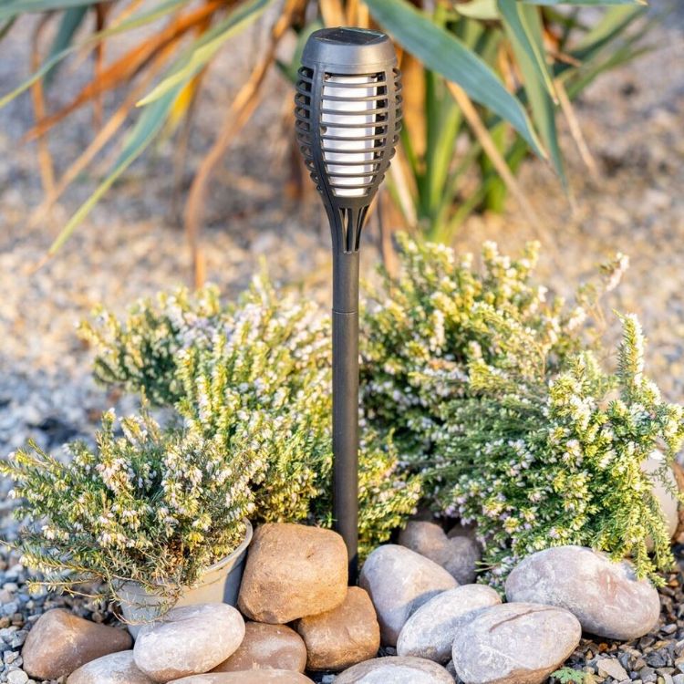 Picture of Set of 6 Flame Stake Lights Black Spikes Solar Powered Garden Outdoor Path Patio