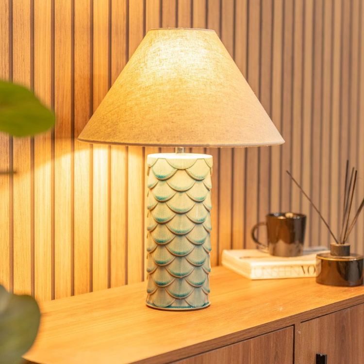 Picture of Shell Table Lamp Ceramic Mermaid Effect Scallop Base Bedroom Light Cream Shade