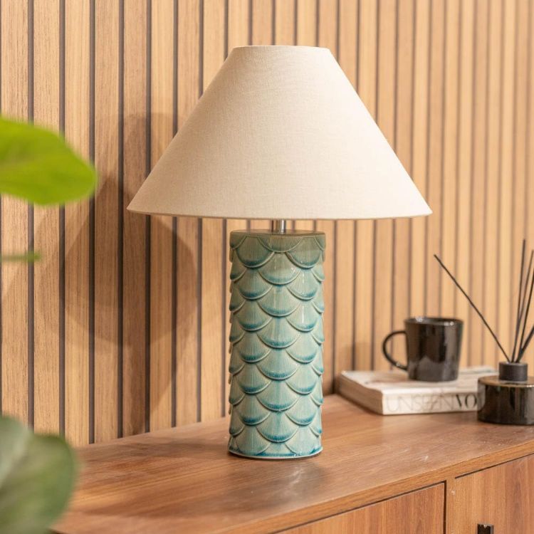 Picture of Shell Table Lamp Ceramic Mermaid Effect Scallop Base Bedroom Light Cream Shade