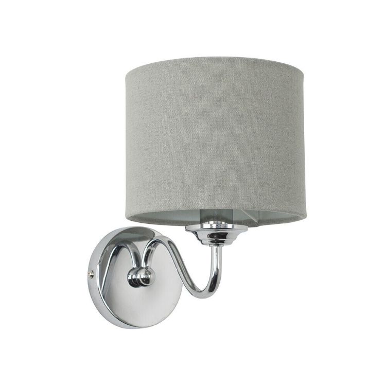 Picture of Modern Chrome Curved Arm Wall Light Fittings with Grey Linen Drum Shades - Complete with 4w LED Candle Bulbs