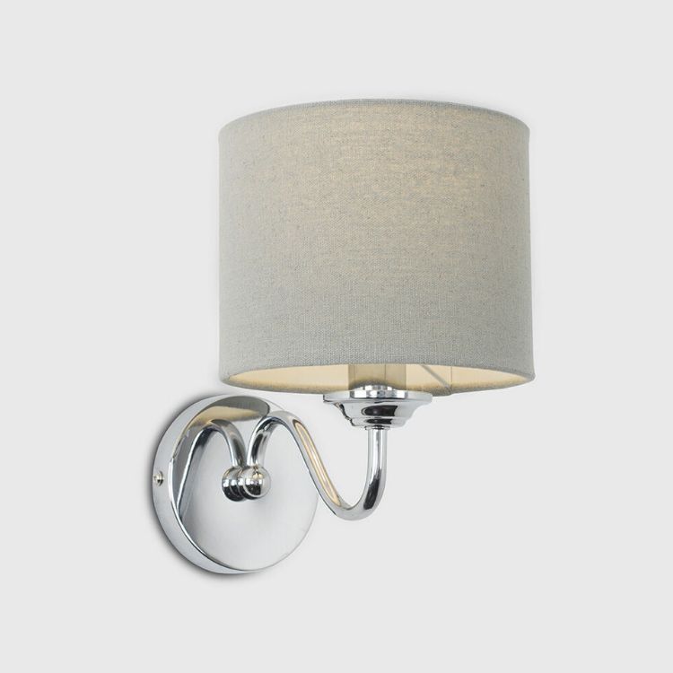 Picture of Modern Chrome Curved Arm Wall Light Fittings with Grey Linen Drum Shades - Complete with 4w LED Candle Bulbs