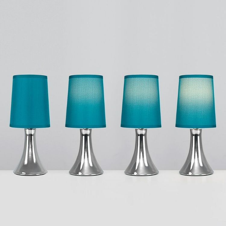 Picture of Small Modern Chrome Touch Table Lamp with a Teal Fabric Shade - Complete with a 5W LED Dimmable Candle Bulb [3000K Warm White]