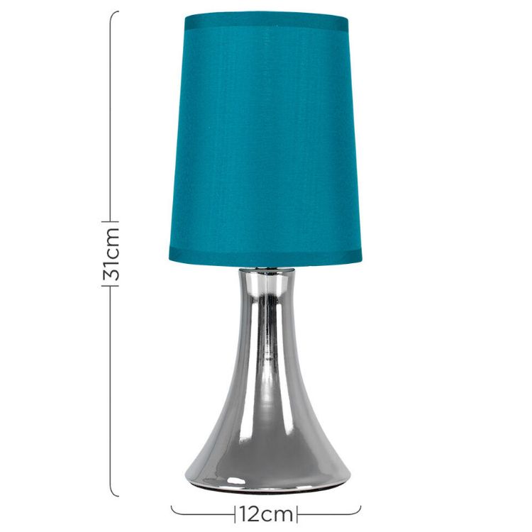 Picture of Small Modern Chrome Touch Table Lamp with a Teal Fabric Shade - Complete with a 5W LED Dimmable Candle Bulb [3000K Warm White]