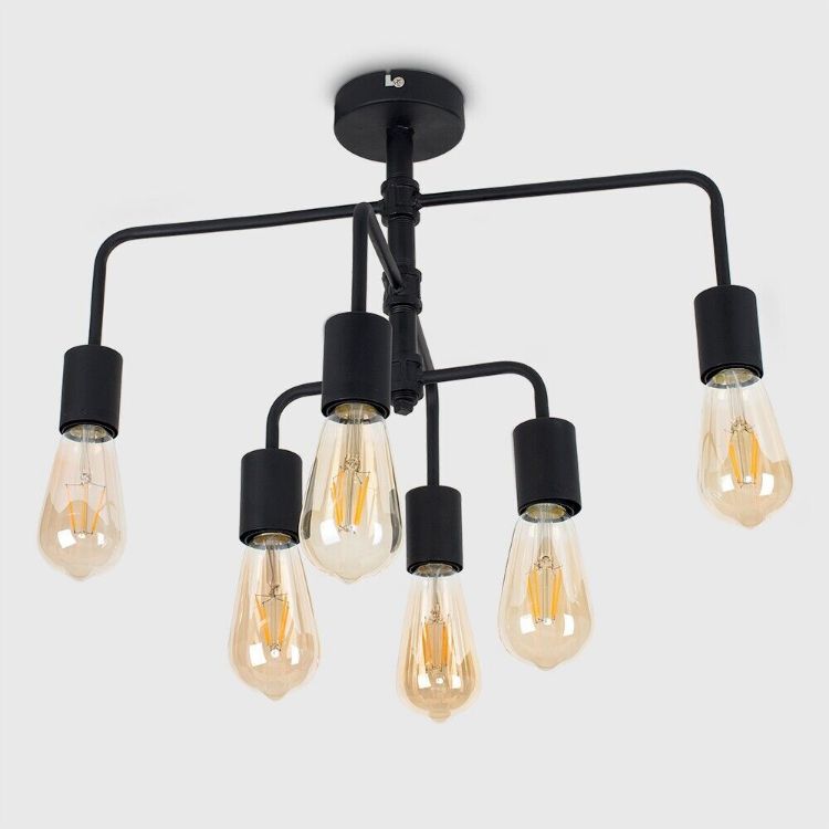 Picture of Black Metal LED 6 Way Ceiling Light Fitting Industrial Bar Vintage LED Bulbs