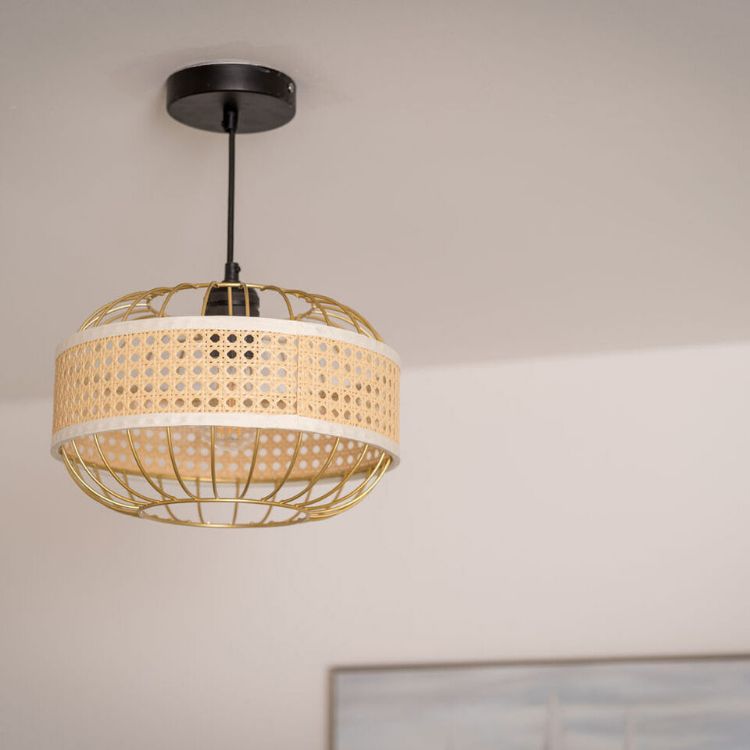 Picture of Metal Wire Lampshade Rattan Wicker Band Easy Fit Pendant Shade LED Light Bulb