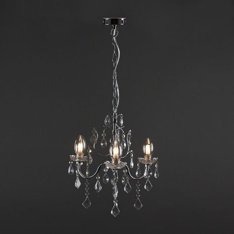 Picture of Chandelier Ceiling Light Fitting Traditional Chrome IP44 3 Way Glass Droplet