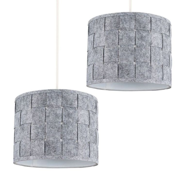Picture of 2x Ceiling Light Shades Grey Felt Weave Easy Fit Drum Lampshades Pendants Bulbs