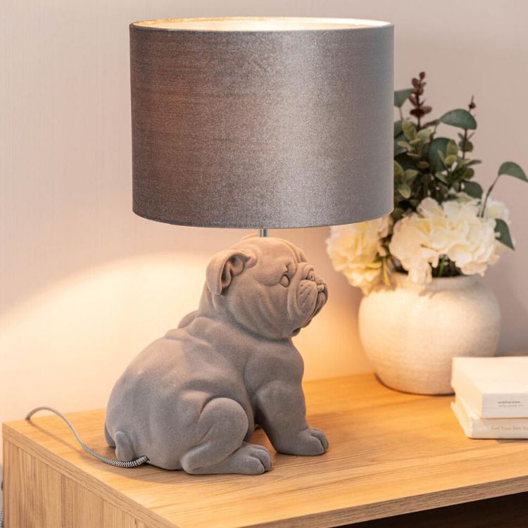 Picture of Grey Velvet Bulldog Bedside Table Lamp with a Drum Lampshade Animal Retro Bedroom Living Room Hallway Light + LED Bulb