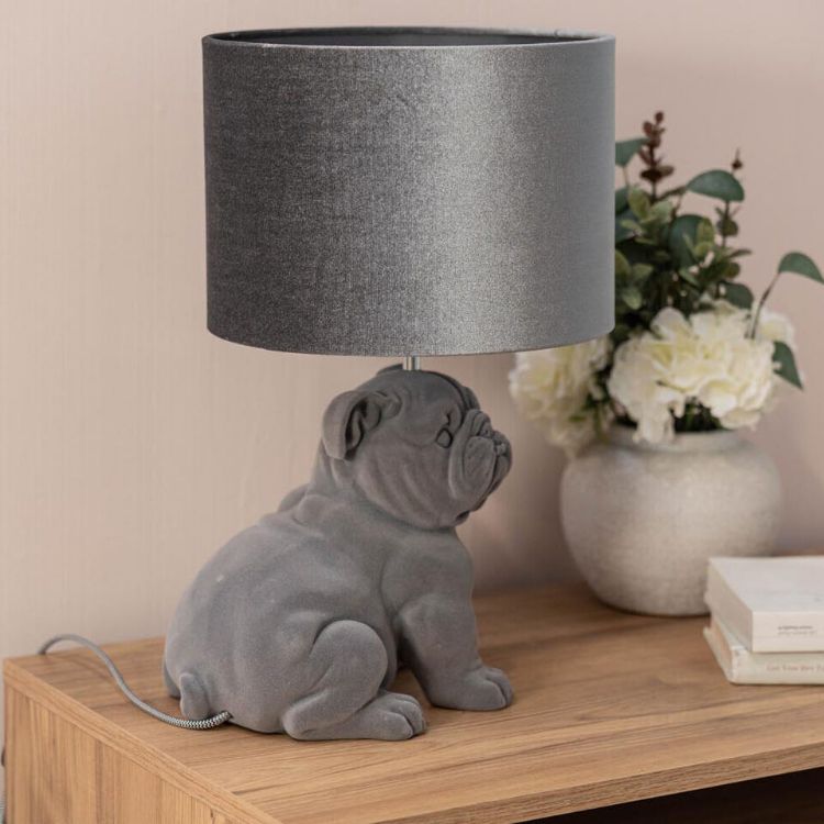 Picture of Grey Velvet Bulldog Bedside Table Lamp with a Drum Lampshade Animal Retro Bedroom Living Room Hallway Light + LED Bulb