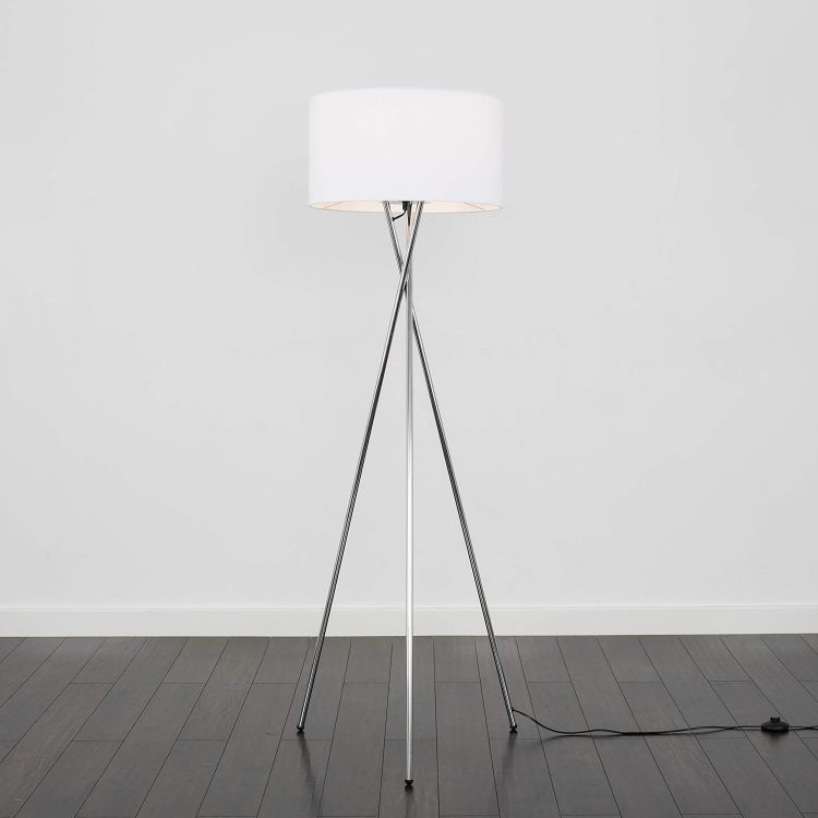 Picture of Tall Floor Lamp Chrome Tripod Standard Light Large Fabric Lampshade LED Bulb