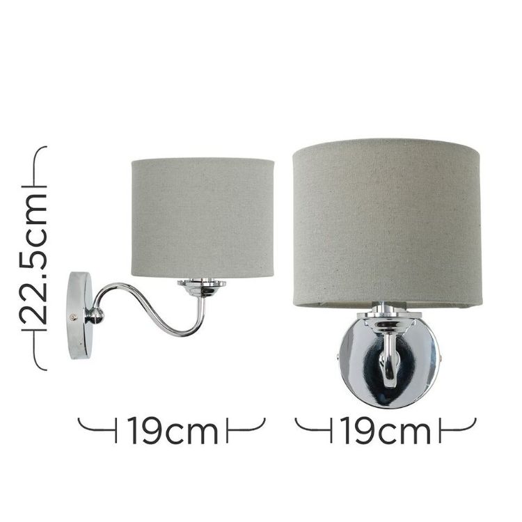 Picture of LED Wall light Fitting Brushed Chrome Curved Arm Grey Linen Shade Bulb Lighting