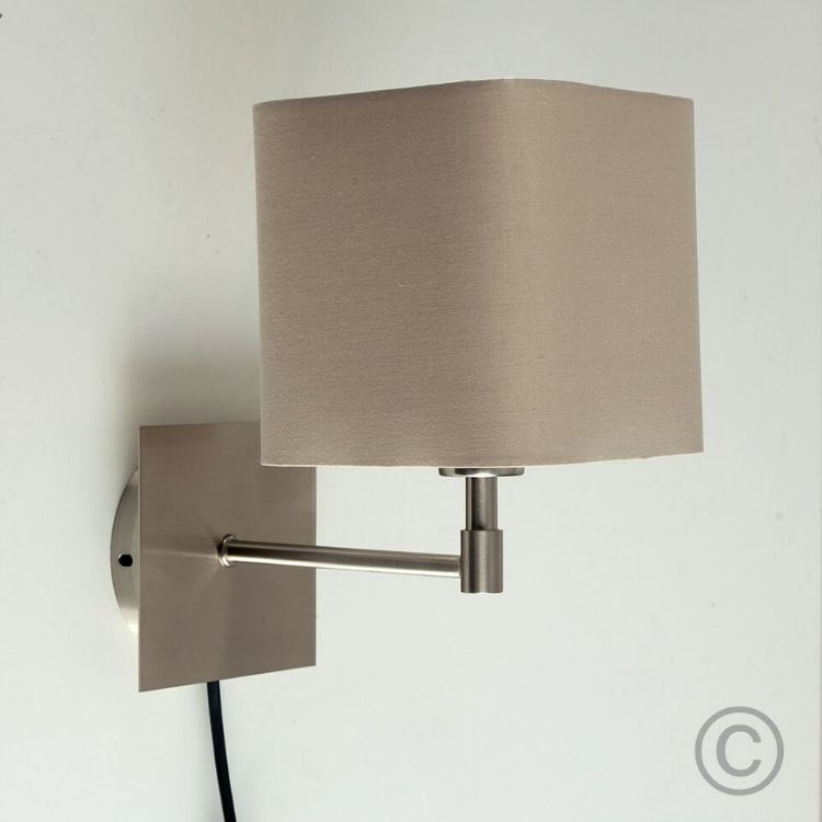 Picture of Plug In Wall Light Fitting Square Fabric Lampshades Hotel Design Bedside Lights
