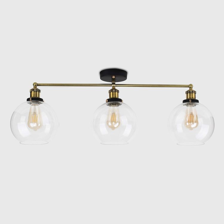 Picture of Metal Ceiling Light Fitting Clear Glass Globe Shades Industrial 3 Way Lighting