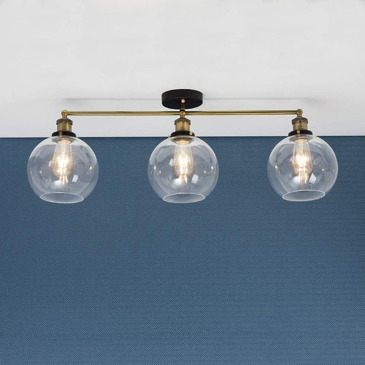Picture of Metal Ceiling Light Fitting Clear Glass Globe Shades Industrial 3 Way Lighting