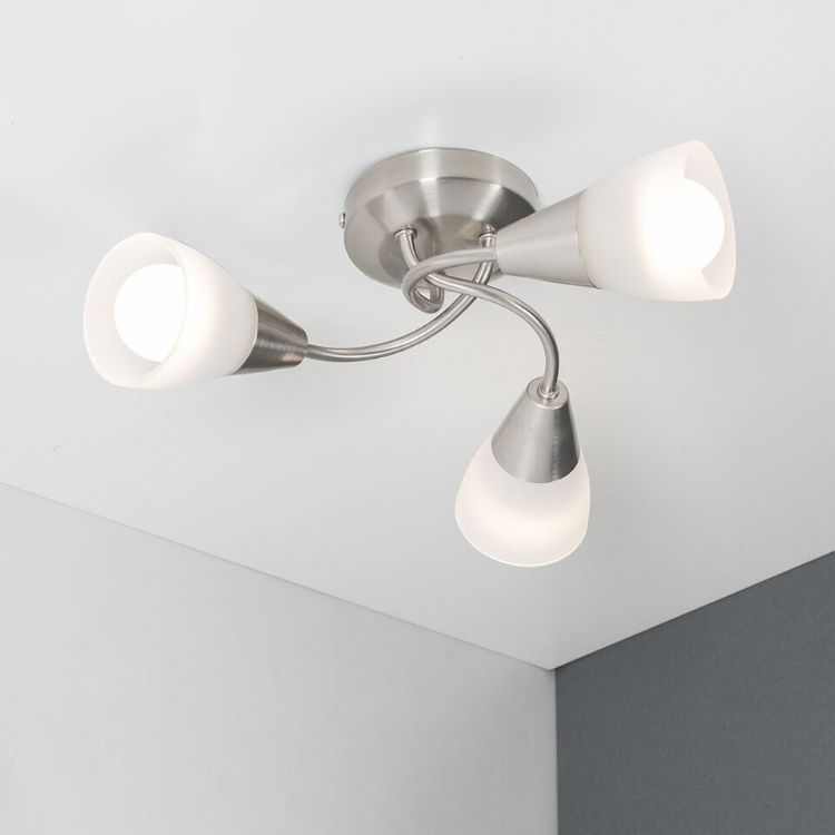 Picture of Brushed Chrome Ceiling Light Fitting 3 Way Semi Flush Frosted Shades Lighting