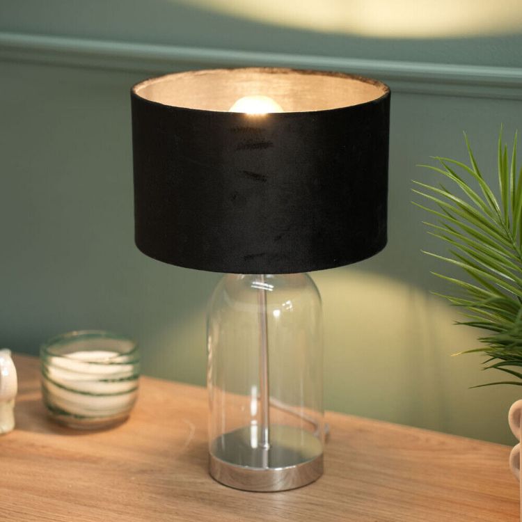 Picture of Glass Table Lamp Chrome Base Living Room Bedroom Light Velvet Lampshade Shade