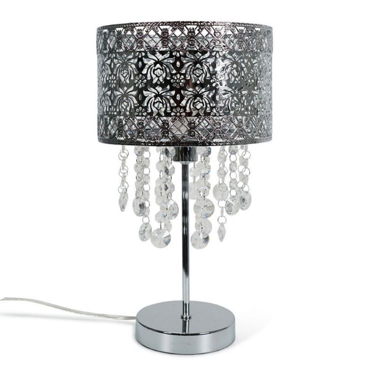Picture of Acrylic Jewel Bead Droplet Table Lamp Drum Lampshade Bedside Light Silver Gold