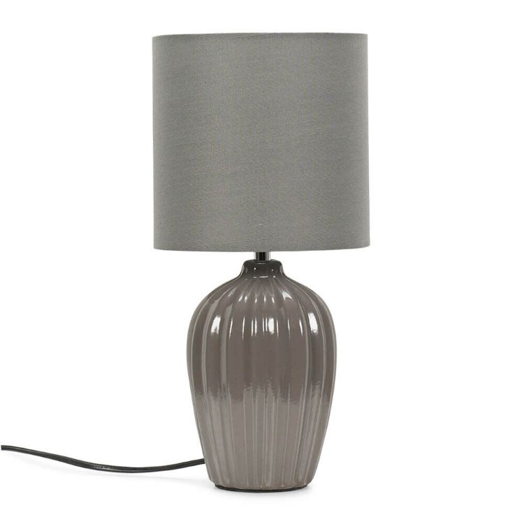 Picture of Grey Fluted Table Lamp Traditional Ceramic Base Fabric Lampshade Light LED Bulb
