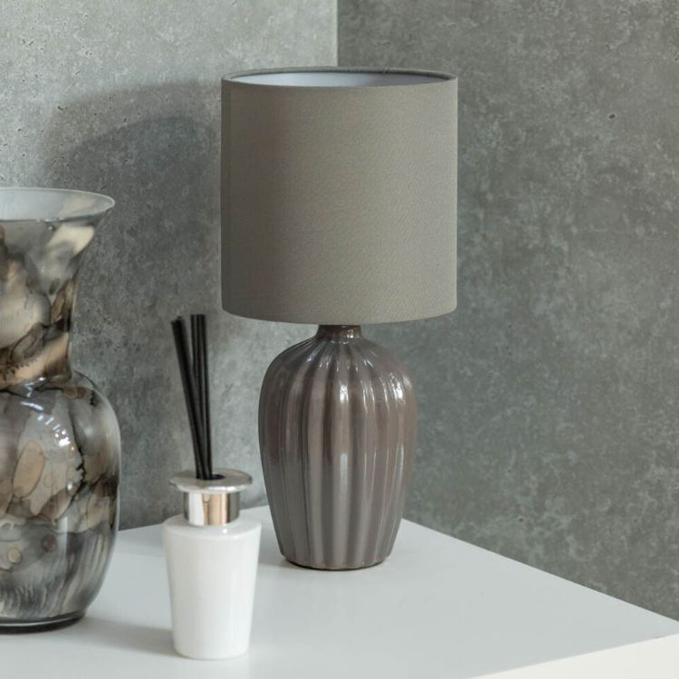 Picture of Grey Fluted Table Lamp Traditional Ceramic Base Fabric Lampshade Light LED Bulb