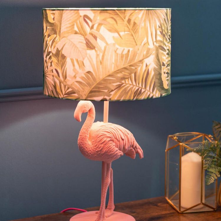 Picture of Pink Velvet Flamingo Table Lamp Tropical Palm Leaf Shade Animal Light LED Bulb