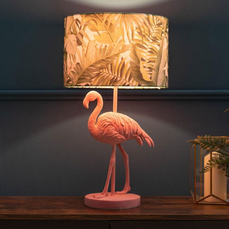 Picture of Pink Velvet Flamingo Table Lamp Tropical Palm Leaf Shade Animal Light LED Bulb