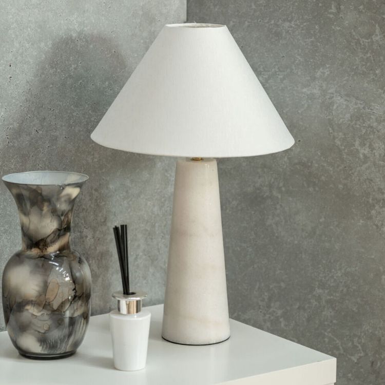 Picture of White Marble Base Table Lamp Tapered Linen Lampshade Living Room Bedroom Light