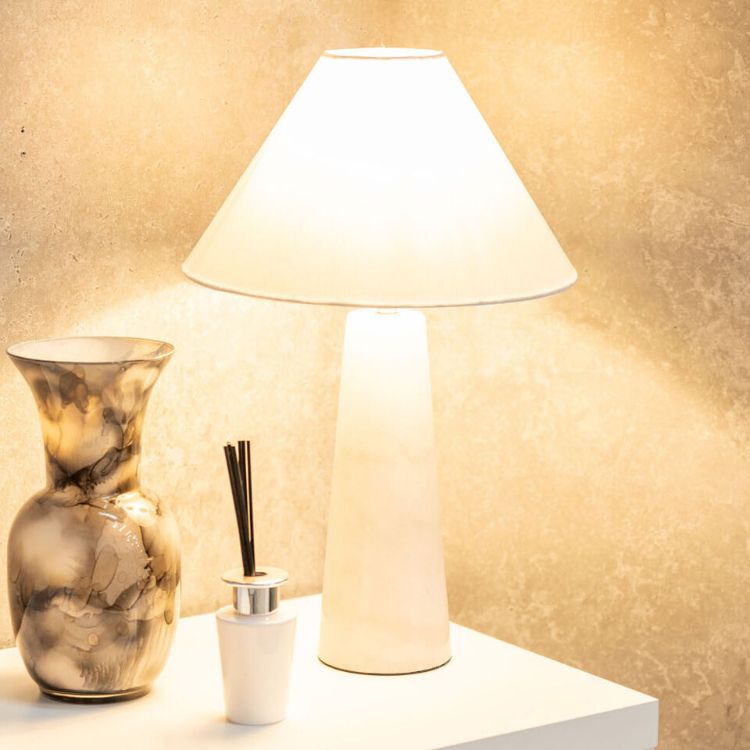 Picture of White Marble Base Table Lamp Tapered Linen Lampshade Living Room Bedroom Light