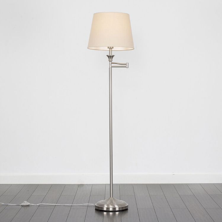 Picture of MiniSun Modern Adjustable Swing Arm Floor Lamp in a Brushed Chrome Finish with a Beige Tapered Light Shade
