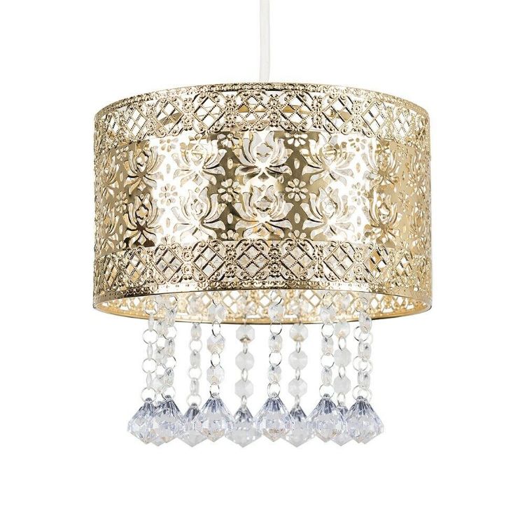 Picture of Gold Ceiling Light Shade Pendant Drum Lampshade Jewel Droplets LED Bulb Lighting