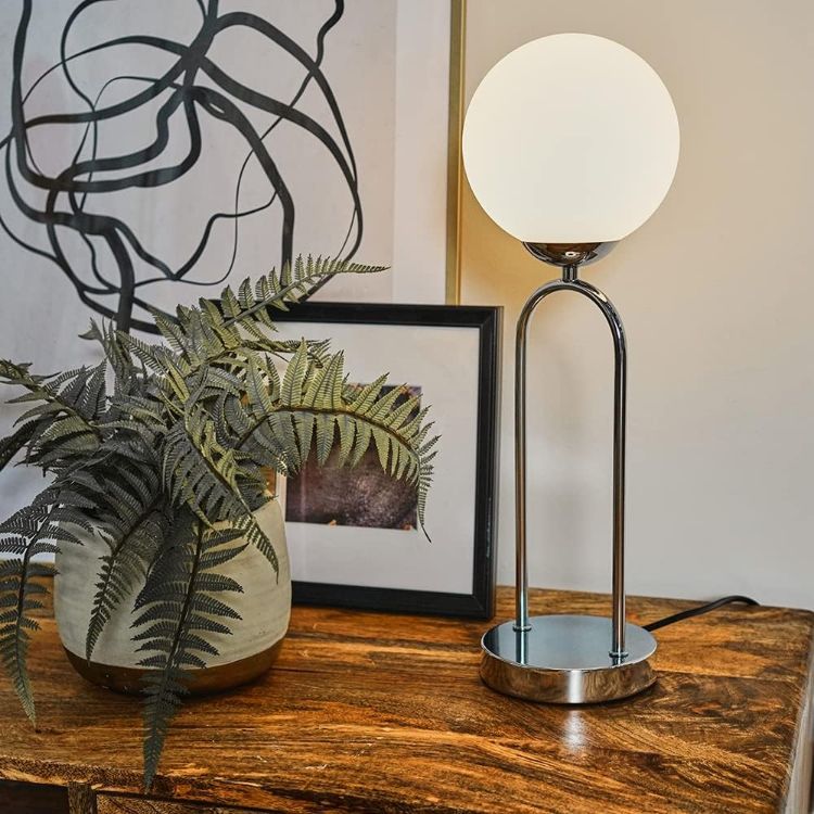 Picture of Chrome Table Lamp Opal Glass Globe Shade Living Room Bedroom Lighting LED Bulb