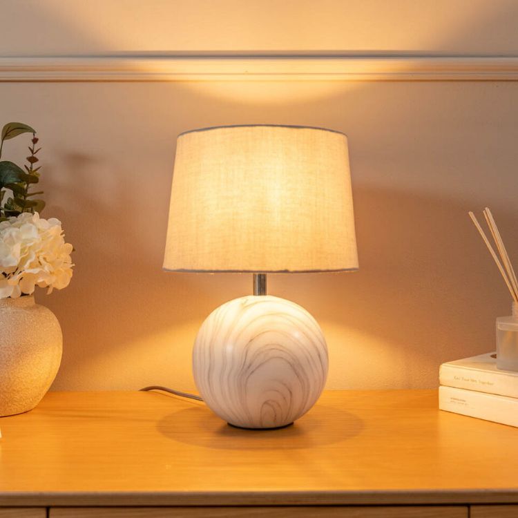 Picture of Ceramic Table Lamp Marble Effect Base Grey Fabric Shade Bedside Bedroom Light