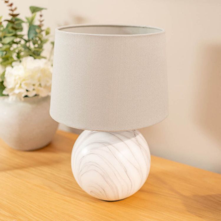 Picture of Ceramic Table Lamp Marble Effect Base Grey Fabric Shade Bedside Bedroom Light