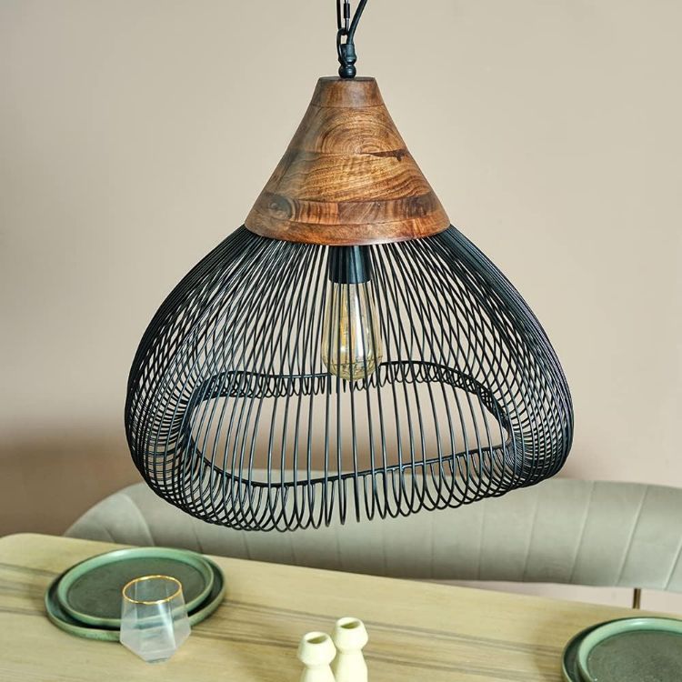 Picture of Large Black Ceiling Light Fitting Metal & Wood Wire Hanging Pendant Lighting