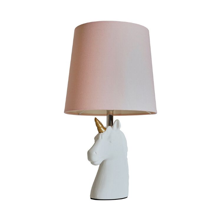 Picture of Ceramic Unicorn Table Lamp White 40CM Tall Light Pink Shade LED Bulb Lighting