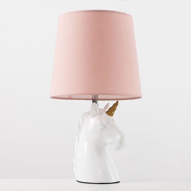Picture of Ceramic Unicorn Table Lamp White 40CM Tall Light Pink Shade LED Bulb Lighting