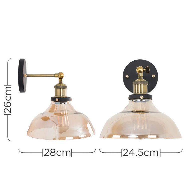 Picture of Metal Wall Light Fitting Amber Tinted Glass Shade LED Bulb Industrial Lighting