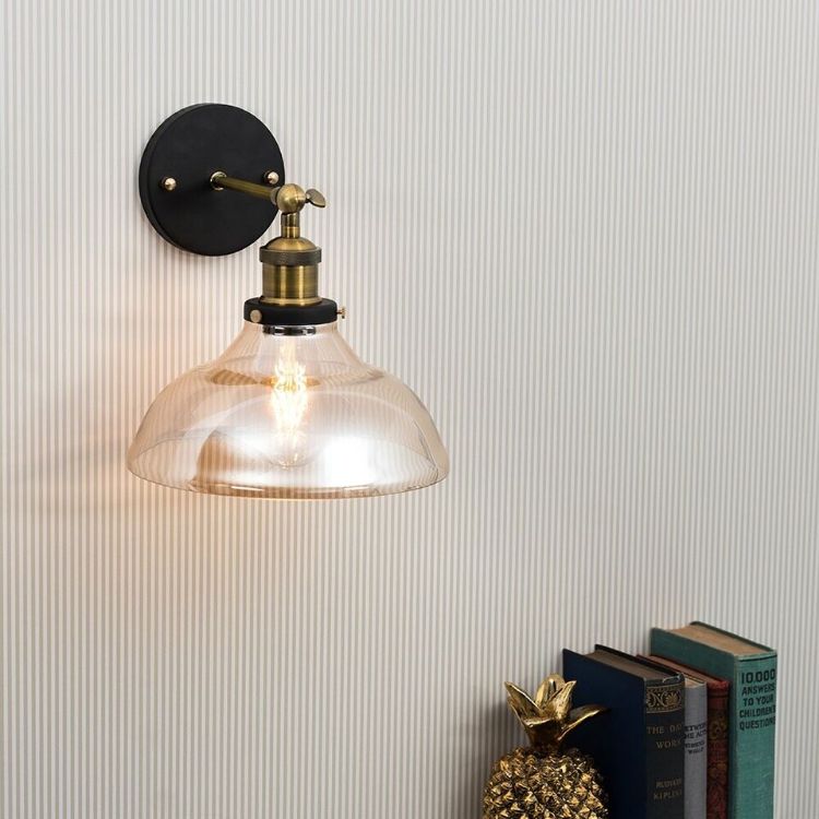 Picture of Metal Wall Light Fitting Amber Tinted Glass Shade LED Bulb Industrial Lighting