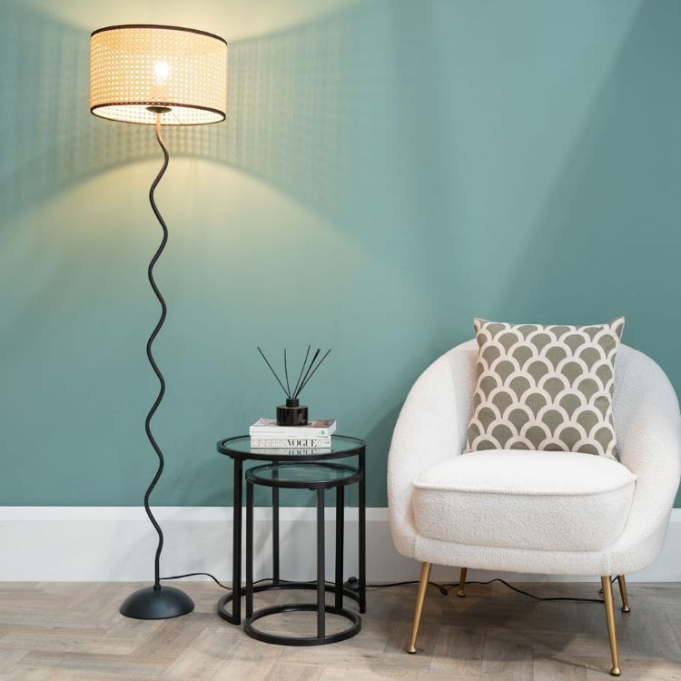 Picture of Black Metal Wiggle Floor Lamp Living Room Waved Light Natural Cane Lampshade