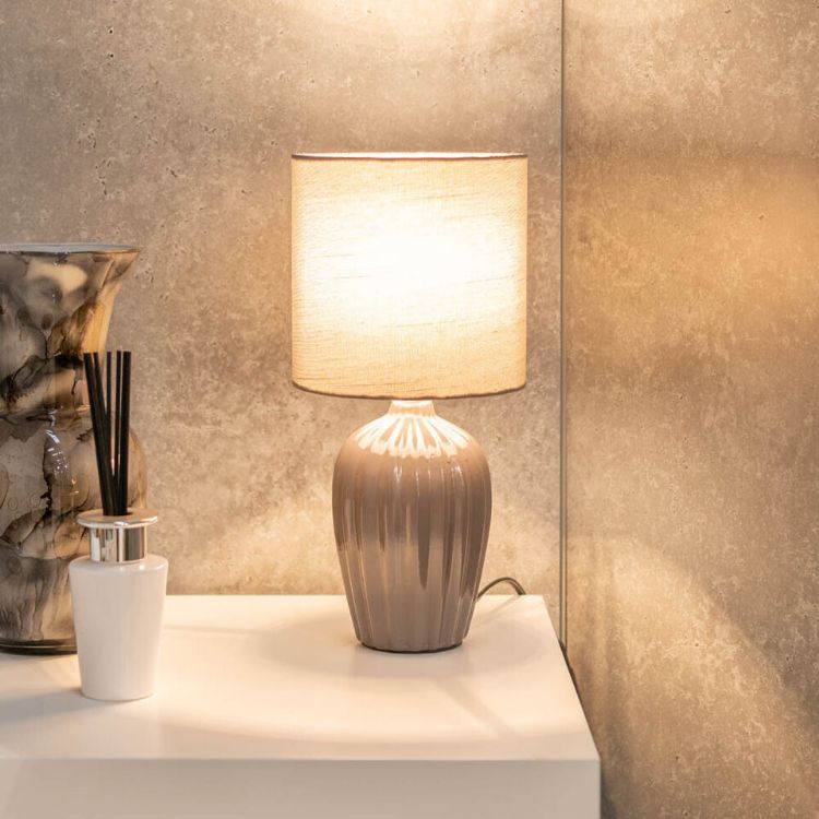 Picture of Pair of Grey Fluted Ceramic Table Lamps Fabric Lampshades Bedside Bedroom Lights with bulb