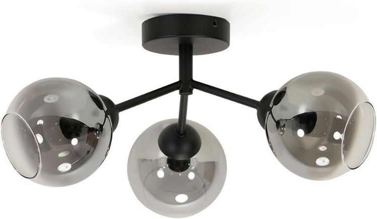 Picture of Black Metal Ceiling Light Fitting Smoked Lampshades 3 Way Pendant Light LED Bulb