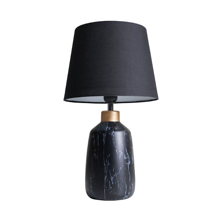 Picture of Black Marble Effect Table Lamp Base Copper Cap Fabric Shade LED Light Bulb