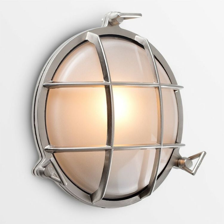Picture of Round Outdoor Wall light Fitting Polished Aluminium Metal Outdoor Bulkhead LED