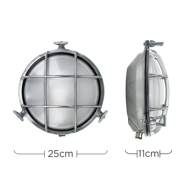 Picture of Round Outdoor Wall light Fitting Polished Aluminium Metal Outdoor Bulkhead LED