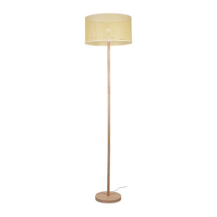 Picture of Wooden Stem Floor Lamp Light Wood XL Wicker Effect Drum Lampshade Shade LED Bulb