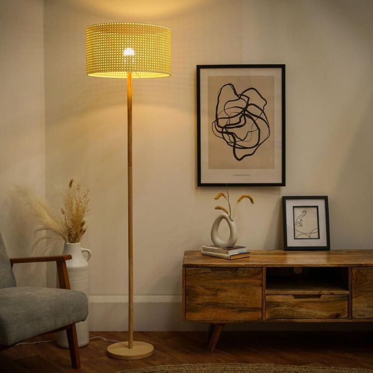 Picture of Wooden Stem Floor Lamp Light Wood XL Wicker Effect Drum Lampshade Shade LED Bulb