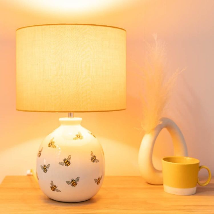 Picture of Bumble Bee Table Lamp White Ceramic Base Yellow Lampshade Living Room Light